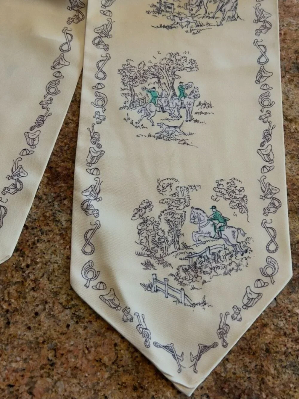Vintage Cream Colored Marea Silk Ascot Tie with Equestrian Scene Made in Italy
